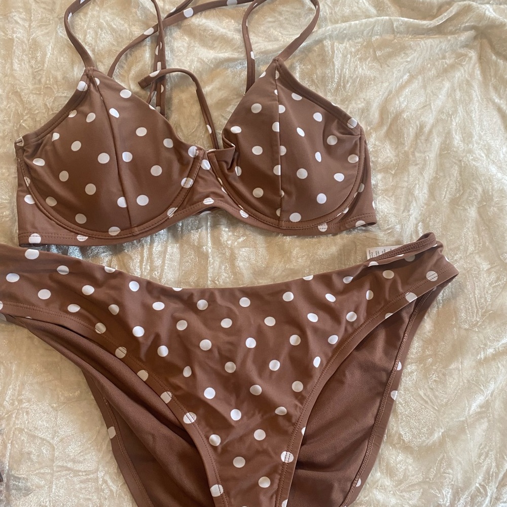 Brown and white polka dot bikini